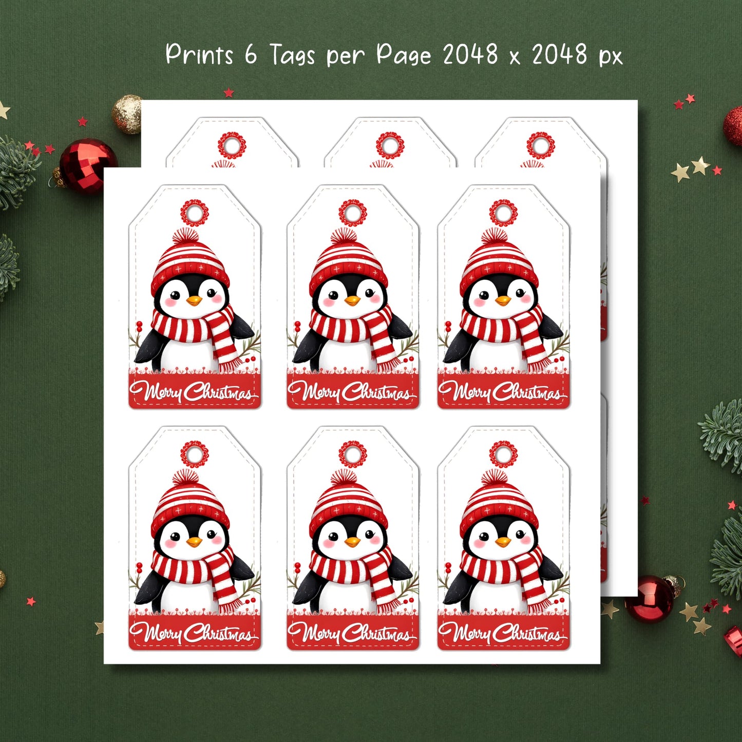 Printable sheet of six matching Christmas gift tags featuring adorable penguin wearing red striped hat and scarf, with red ornament detail, displayed on green background