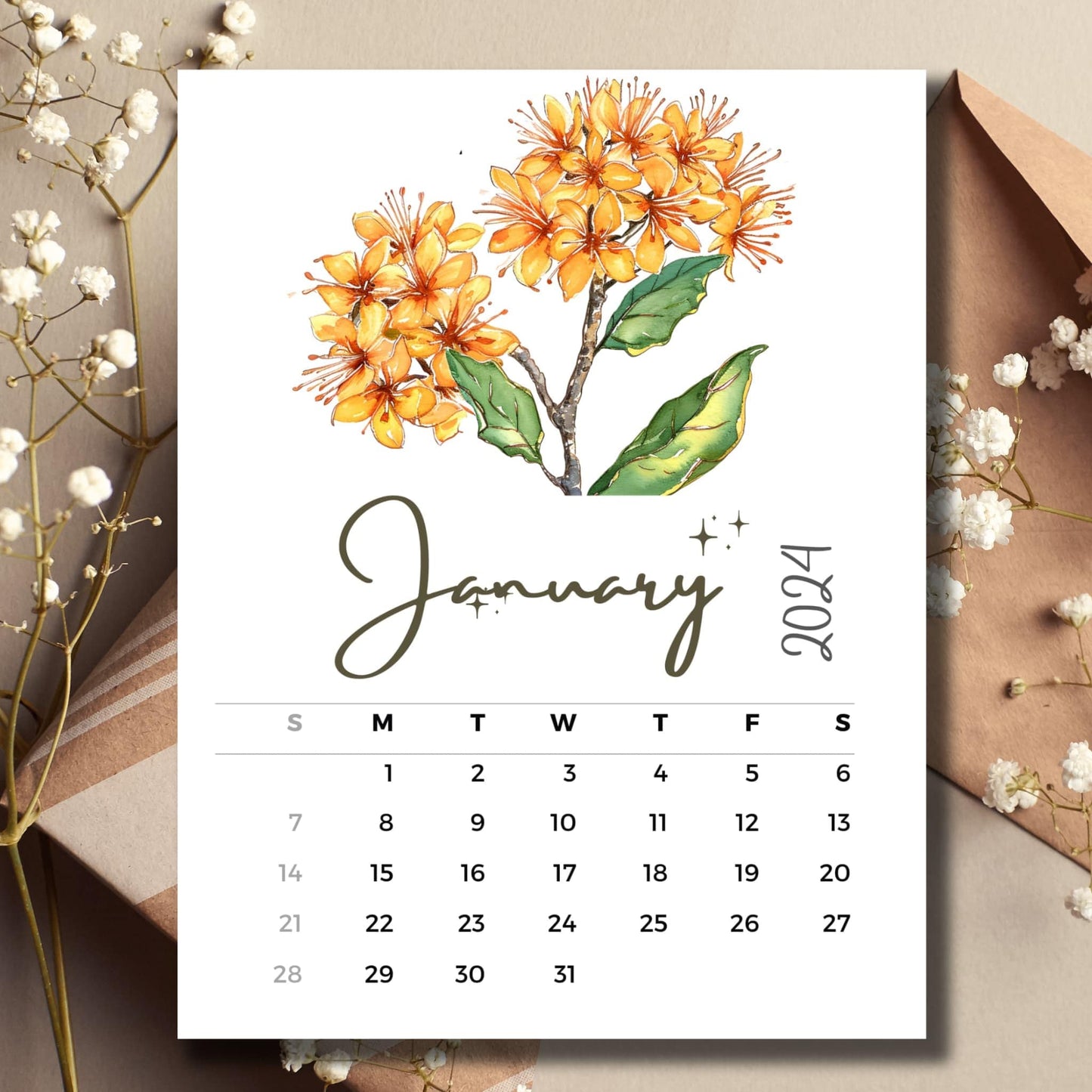 Witch Hazel floral January 2024 full year calendar on table with envelope and white flowers.