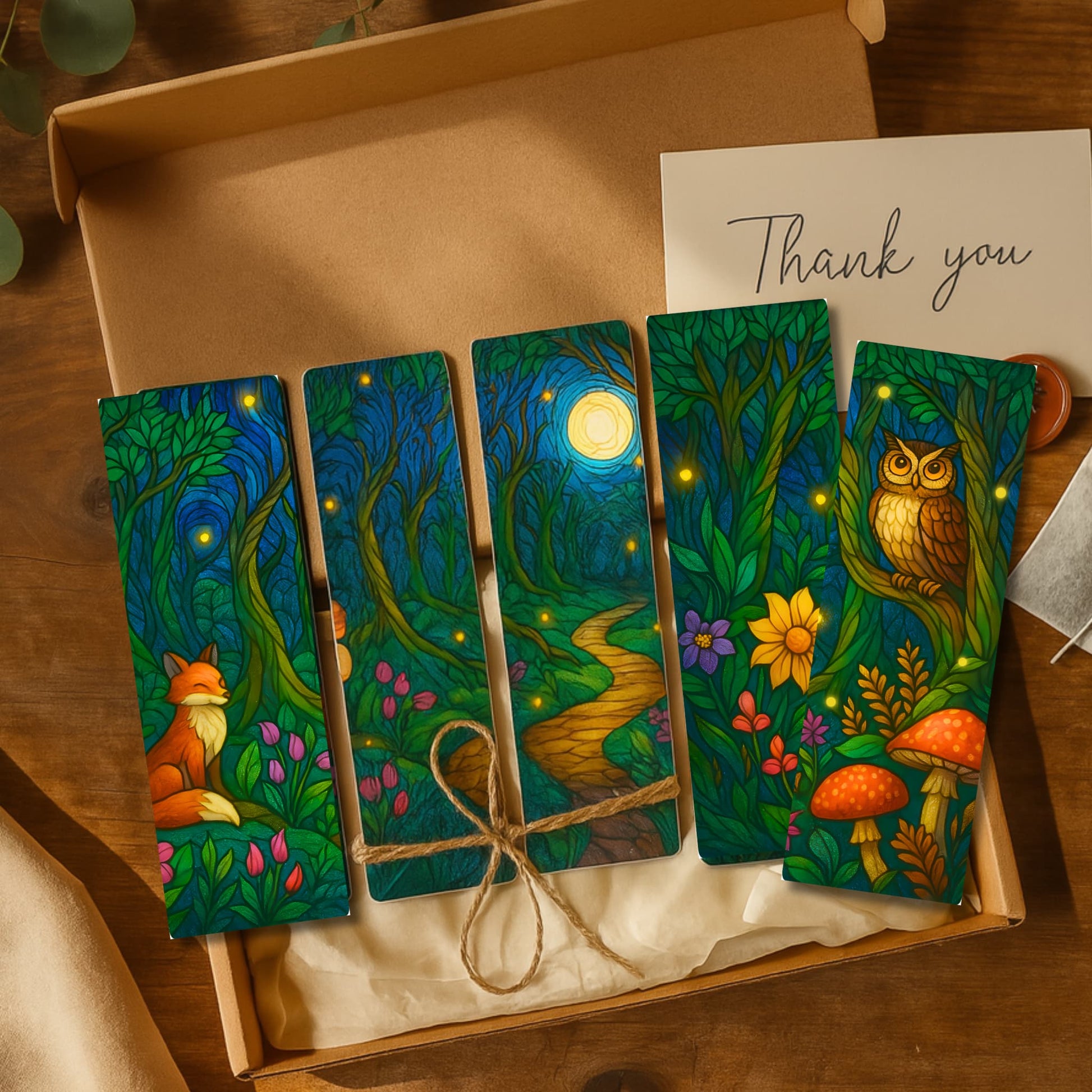 Forest animal bookmarks bundled in gift box with thank you card showing fox, owl and mushroom designs