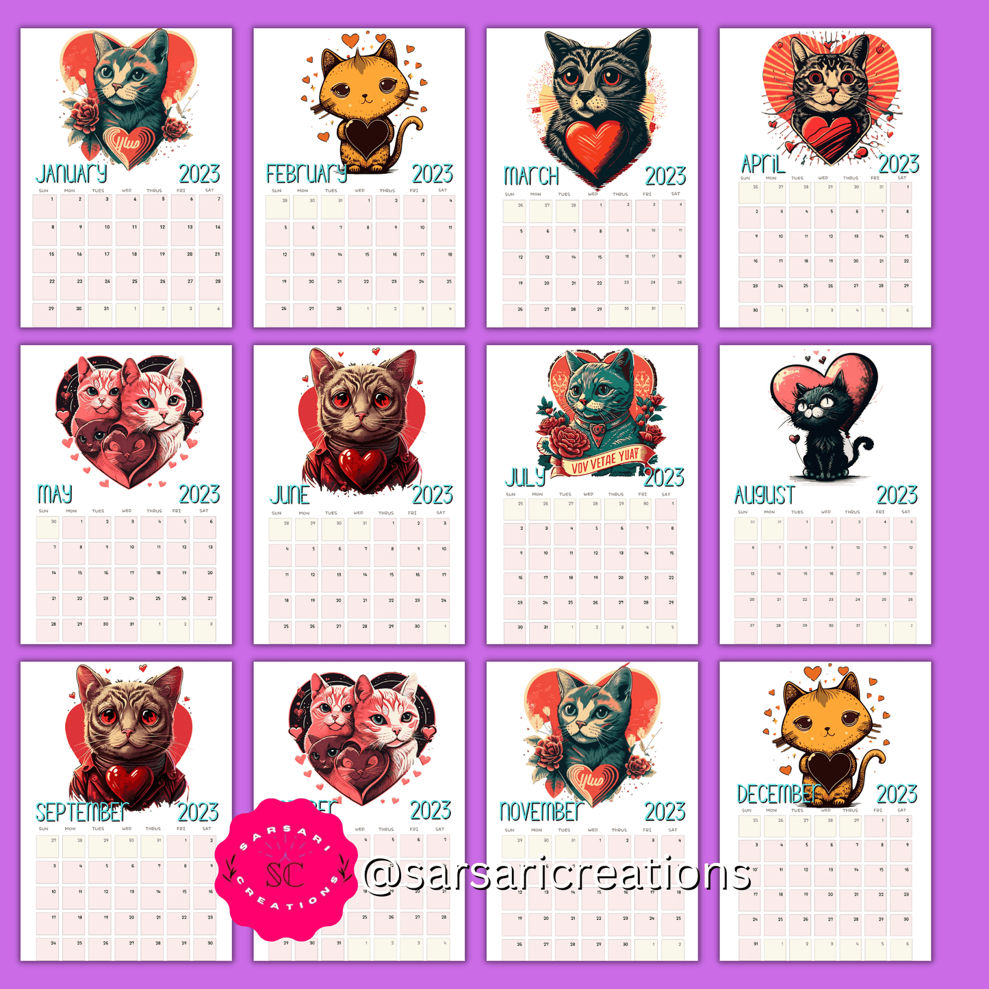all the months for valentine's cat calendar