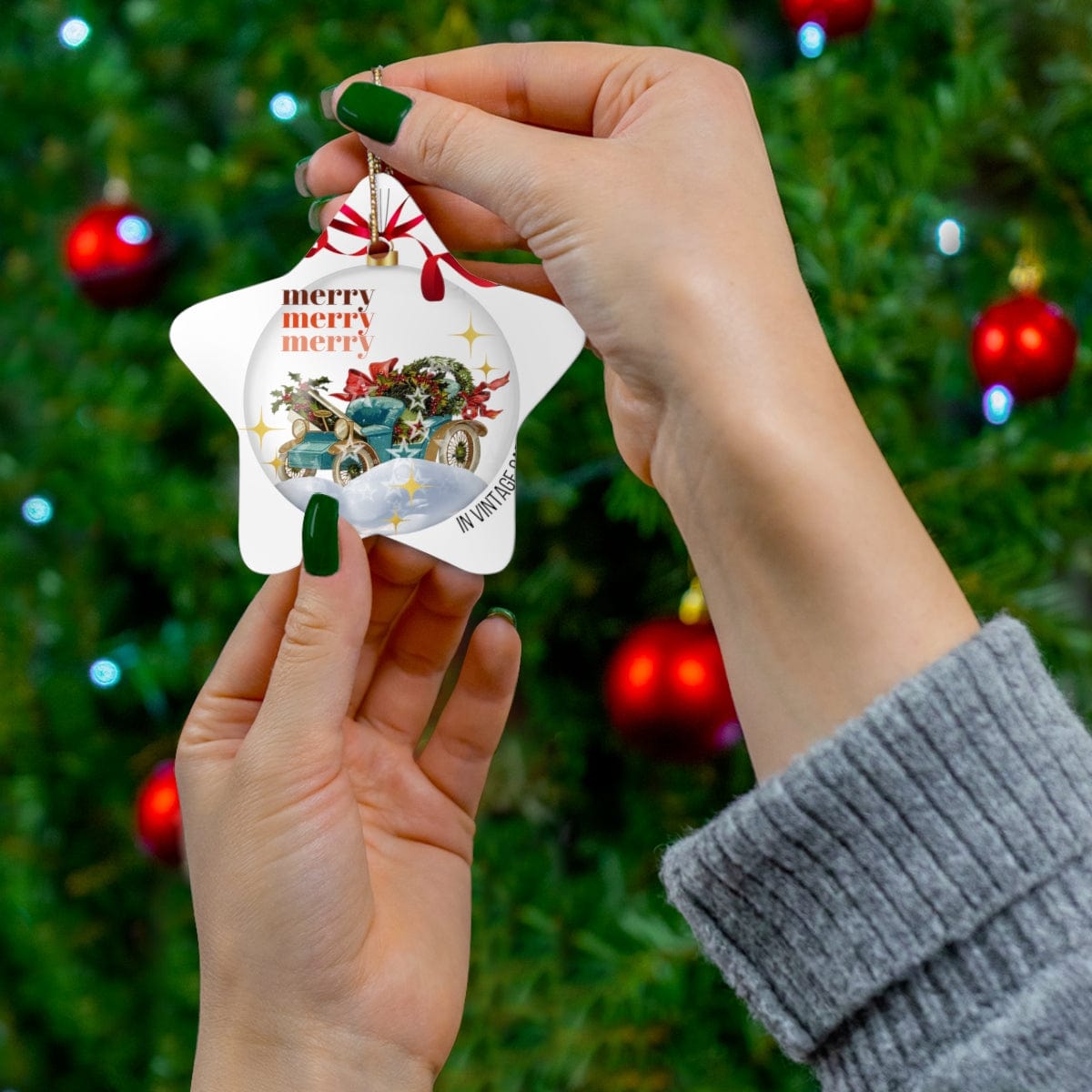 Merry in Vintage Car Christmas Ceramic Ornament, 4 Shapes