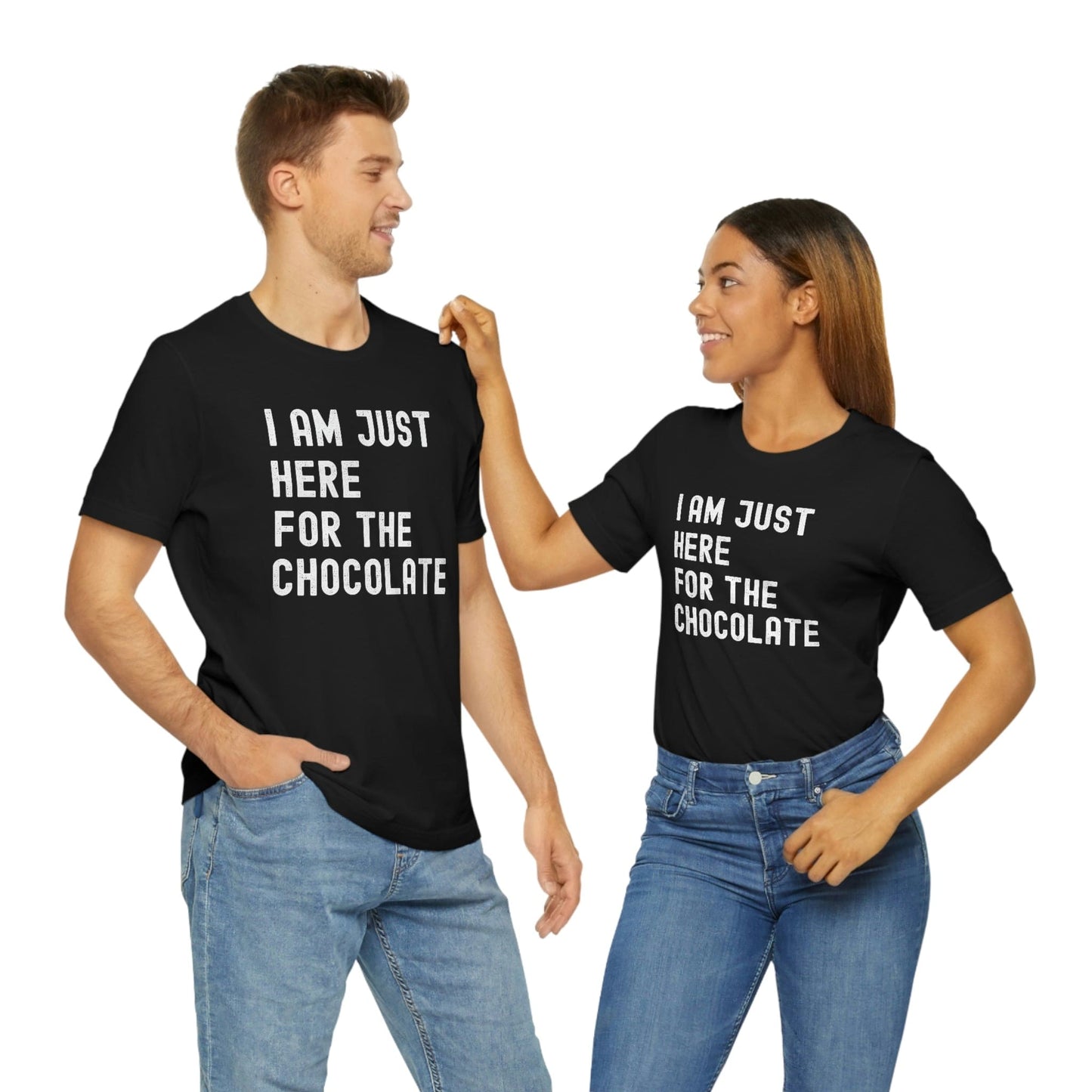 couple with black t-shirt and blue jeans on a white background