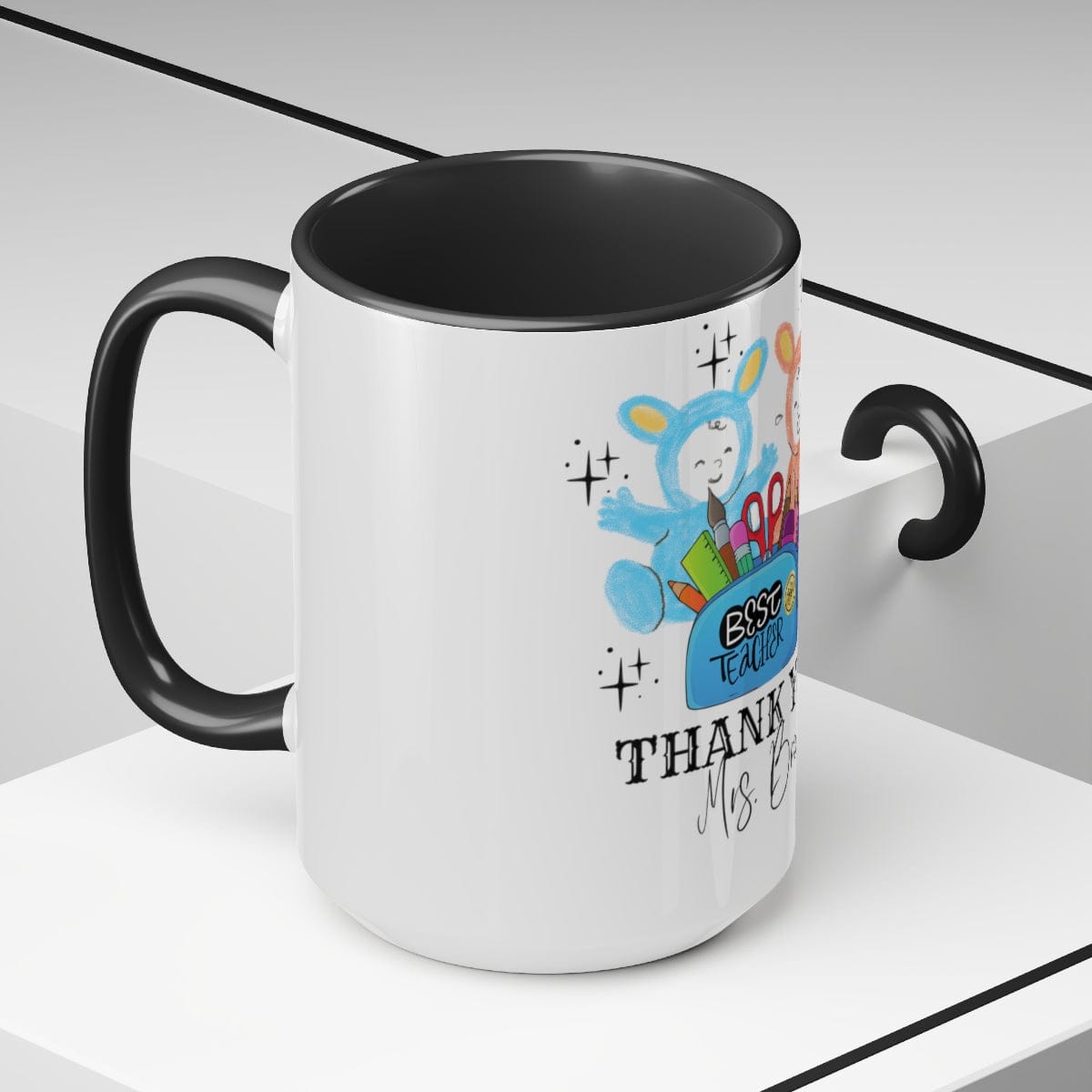 Thank You Teacher Mug, Christmas Decor, Personalized Teacher Gift 15 oz Two-Tone Coffee Mugs
