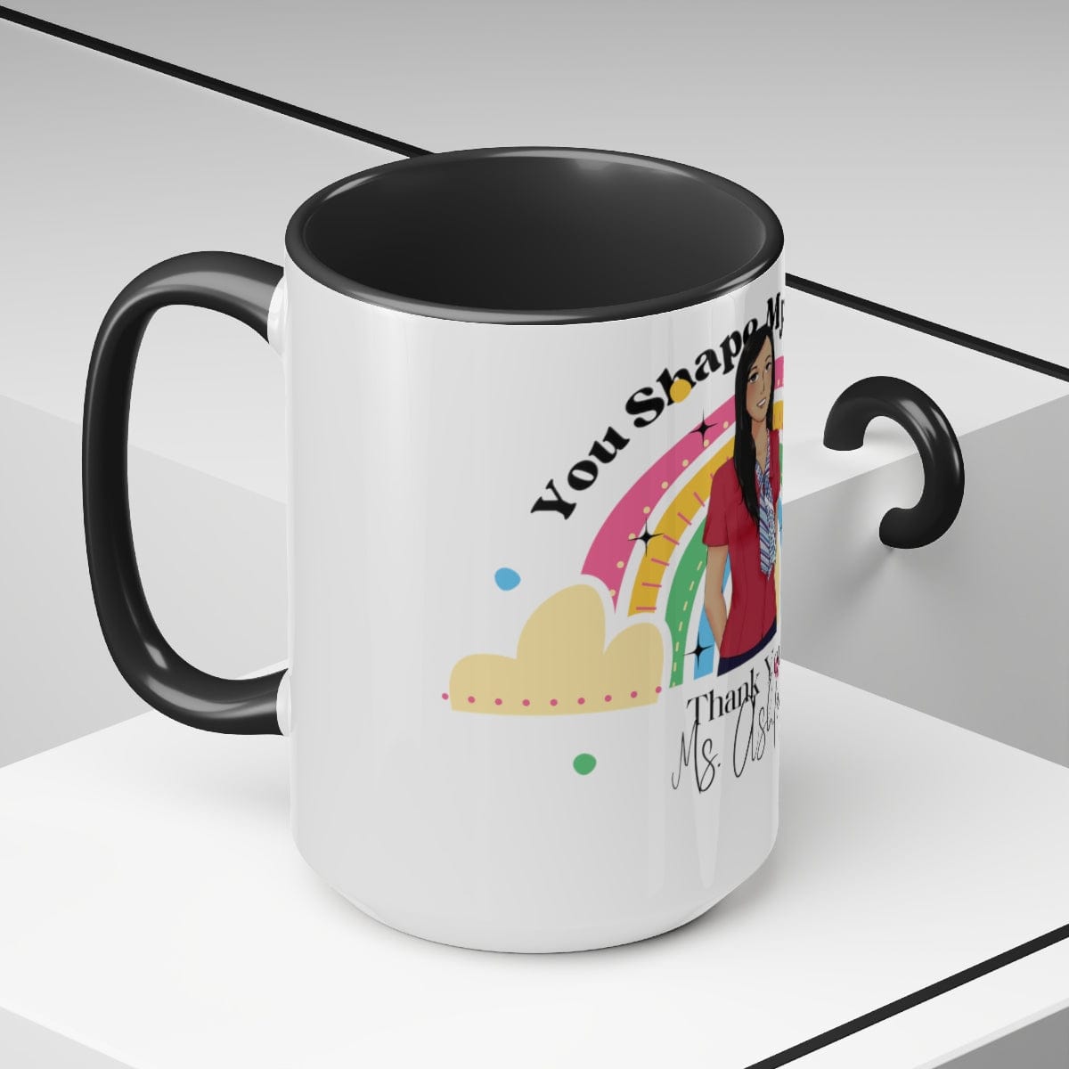 You Shape My World Mug, Christmas Decor, Personalized Teacher Gift 15 oz Two-Tone Coffee Mugs