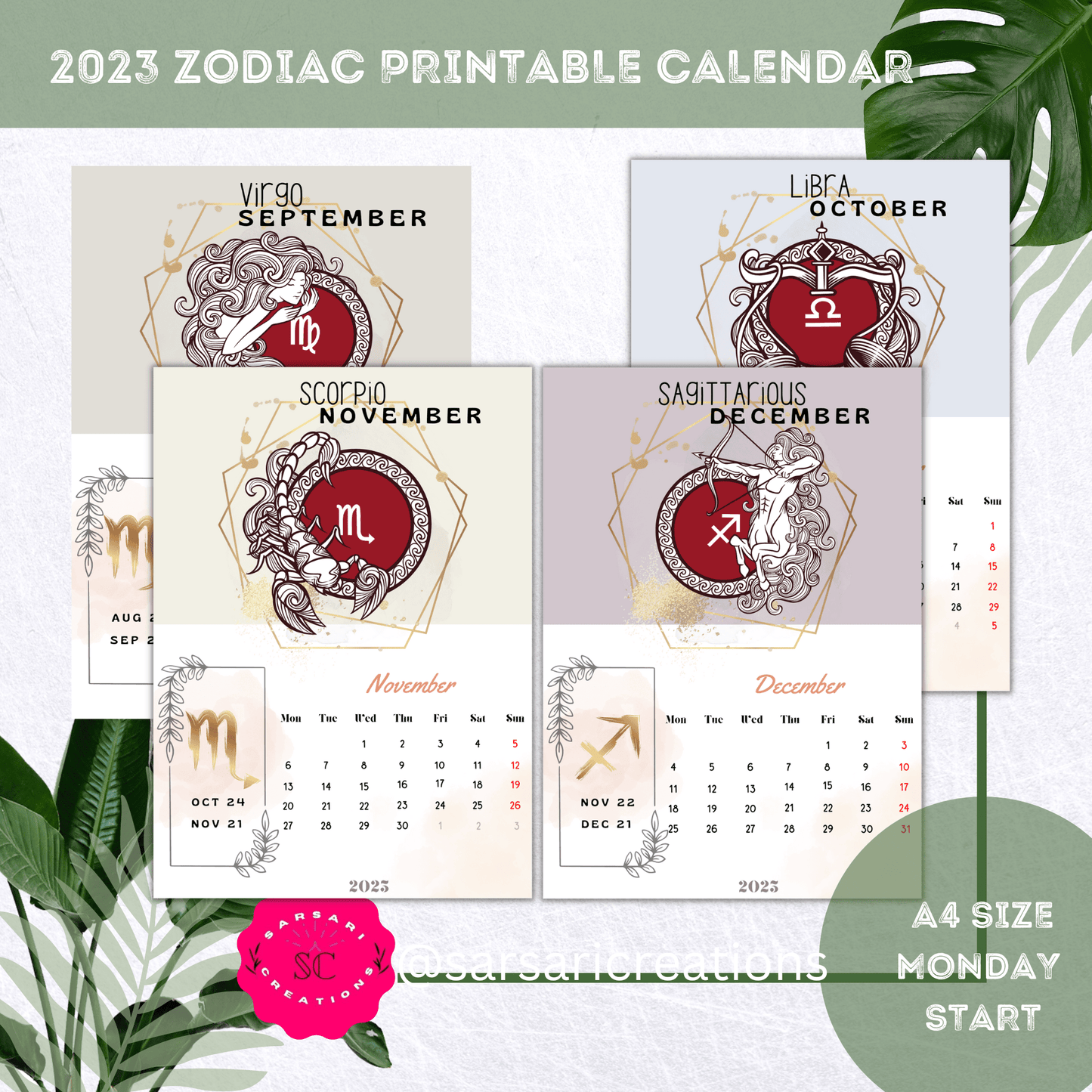 Printable Calendar 2023, 2023 Zodiac Calendar - Printable Wall Art for Astrology Lovers, Printable Astrology Calendar