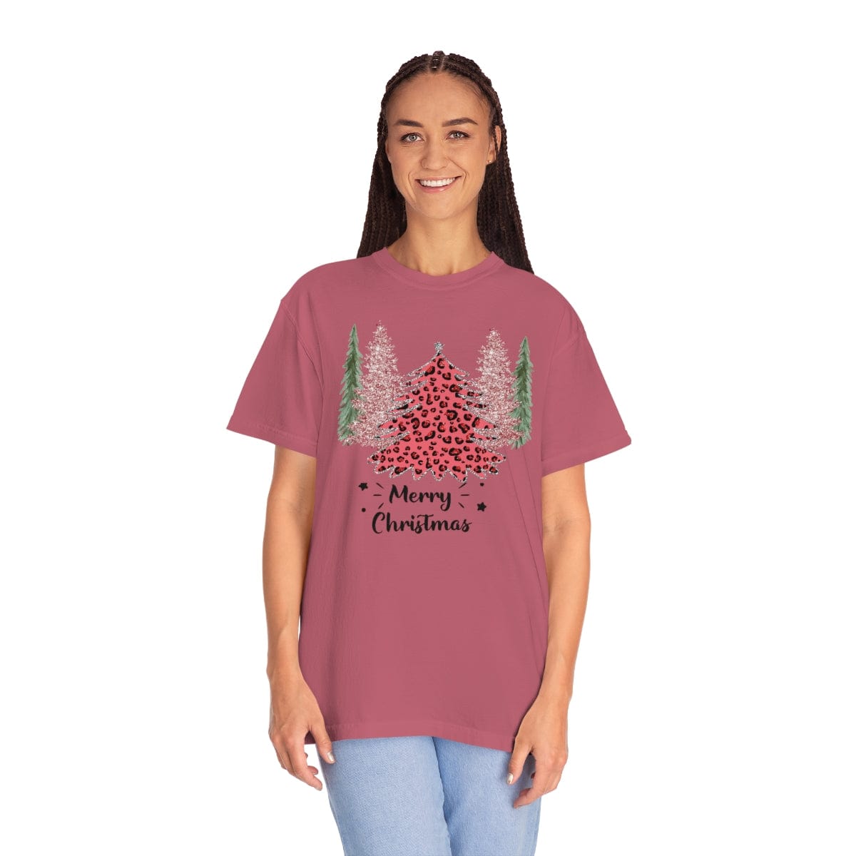 Leopard Plaid Christmas Shirt, Trees Plaid Comfort Colors, Pink Leopard Shirt, Leopard T-Shirt, Holiday Gift, Unisex Garment-Dyed T-shirt