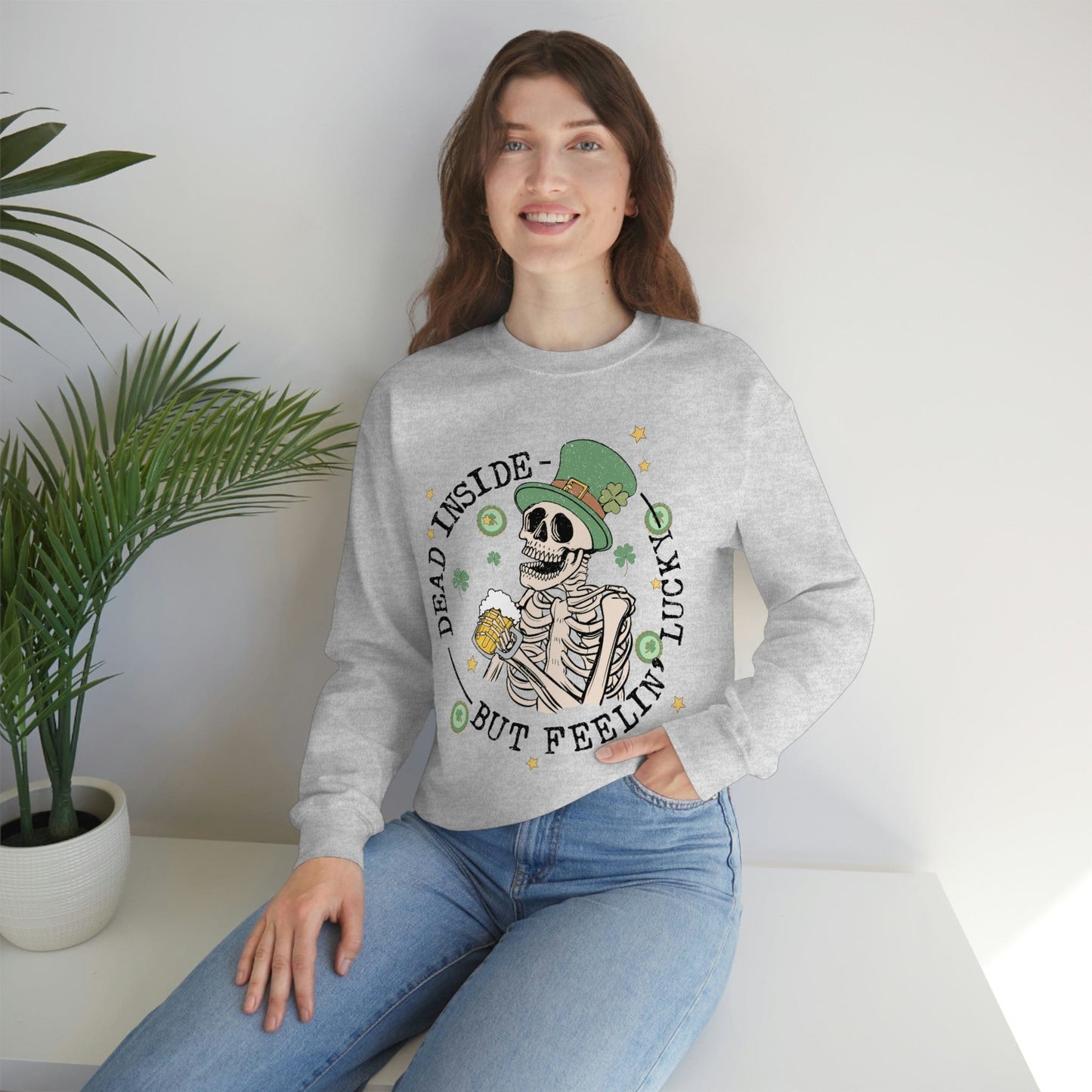 2023 Dead Inside But Feeling Lucky Funny Skeleton St. Patrick's Day Unisex Sweatshirt