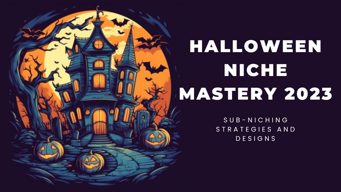 Halloween cartoon house with small moon and flying witch shade with text on right side
