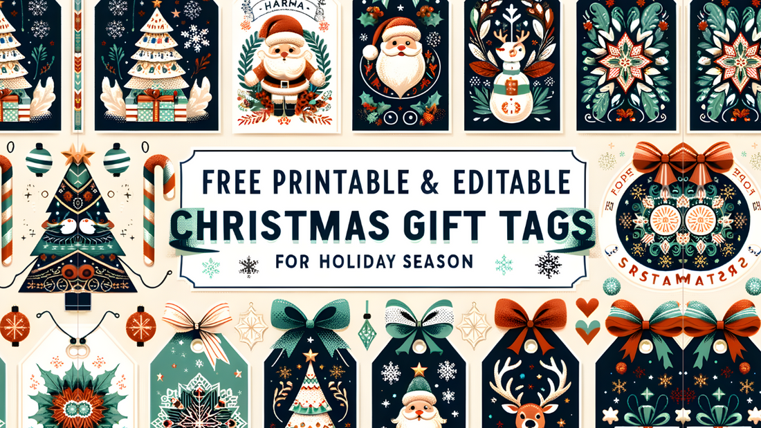 illustartion of several Christmas Tags with ribbon on it with the title "Free Printable Christmas Gift Tags" in centre 