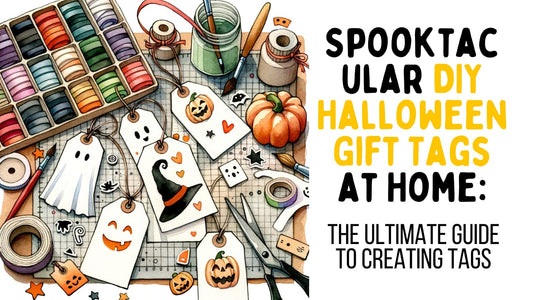 beautiful illustration showing process of creating halloween tags with all the craft supplies and a title on the right hand side