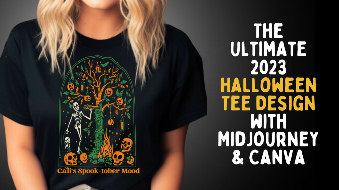 model wearing a halloween tee skeleton design with a heading of the article on right hand side