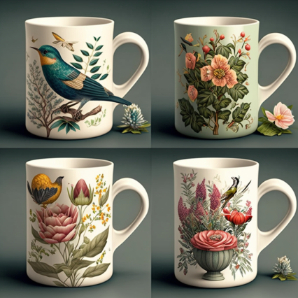 collection of inspiring mugs in flowers