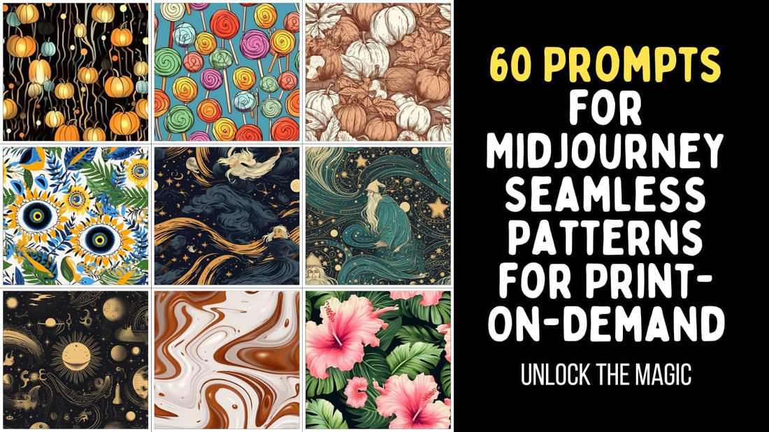 60 seamless pattern examples with midjourney prompts for print on demand business with heading of the blog on the right hand side