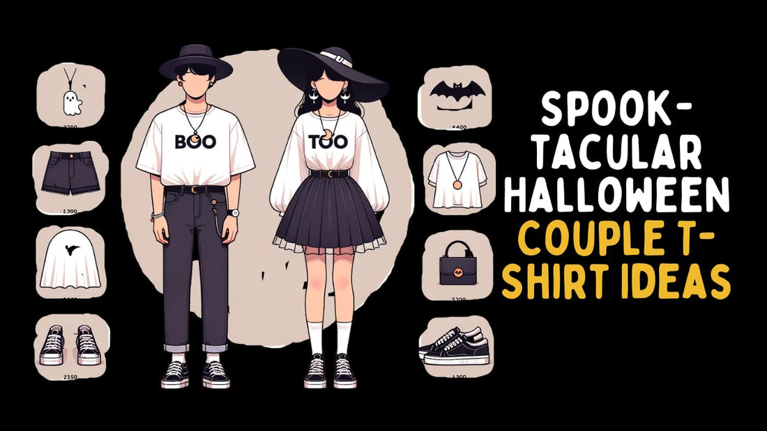 couple wearing cute matching Halloween t-shirts with accessories on a black blackground with the heading of blog on right hand side