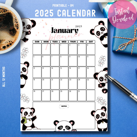 2025 printable January calendar with kawaii pandas shown on blue desk setting with coffee cup and pen, A4 size planner with notes section