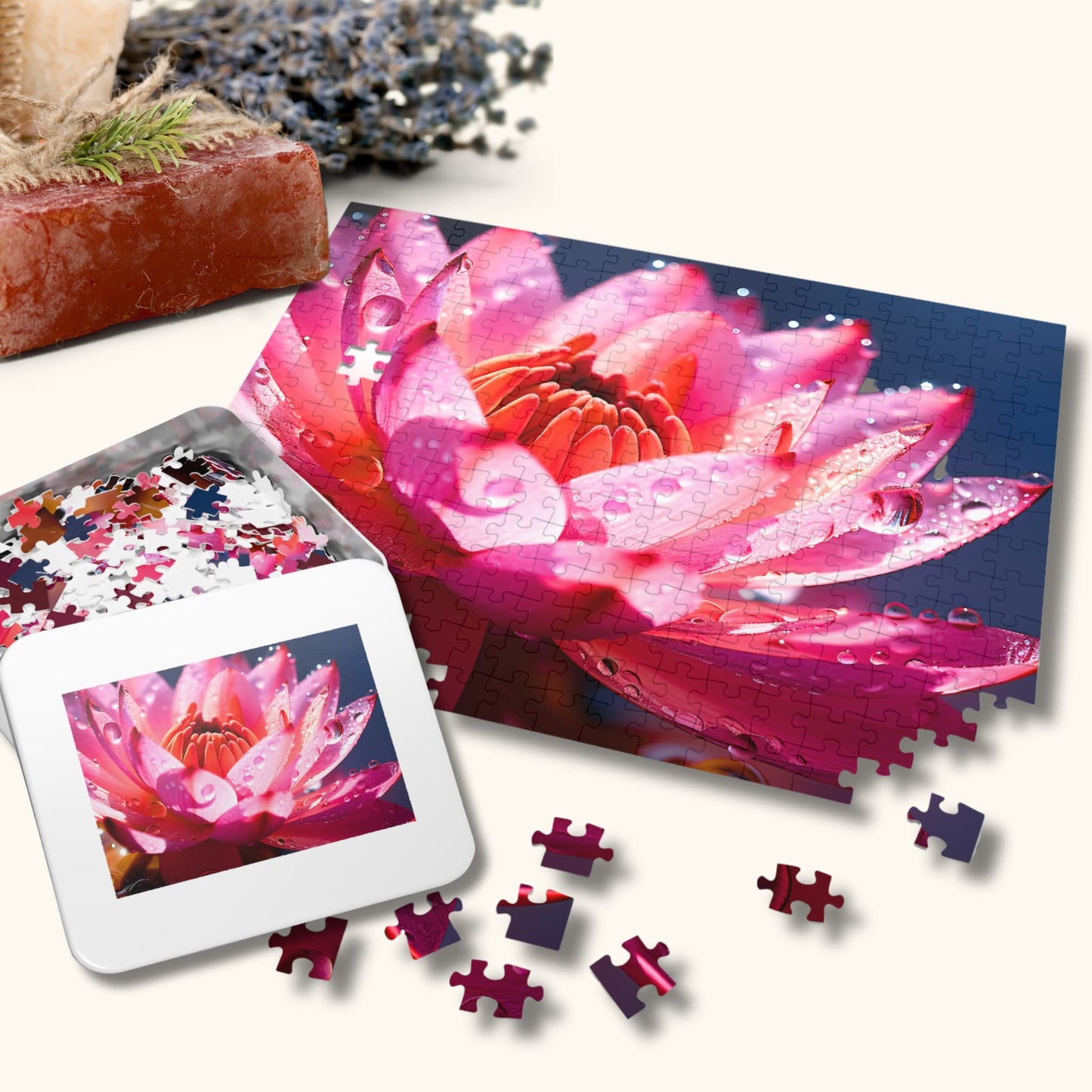 The 1000 piece jigsaw puzzle of a pink lotus flower with its sturdy, attractively designed box, showcasing the partially assembled puzzle pieces.