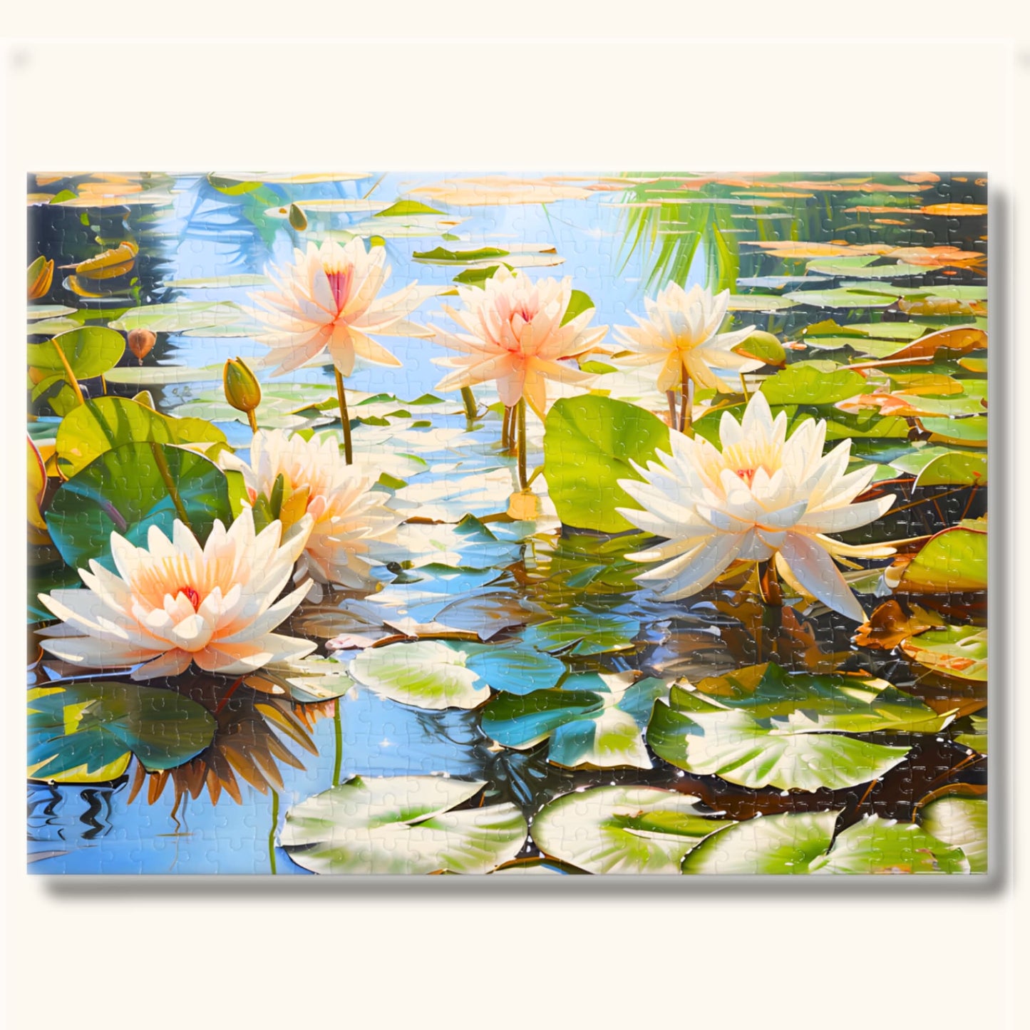 Close-up view of the 1000-piece White Water Lily in Pond puzzle, revealing its intricate details.