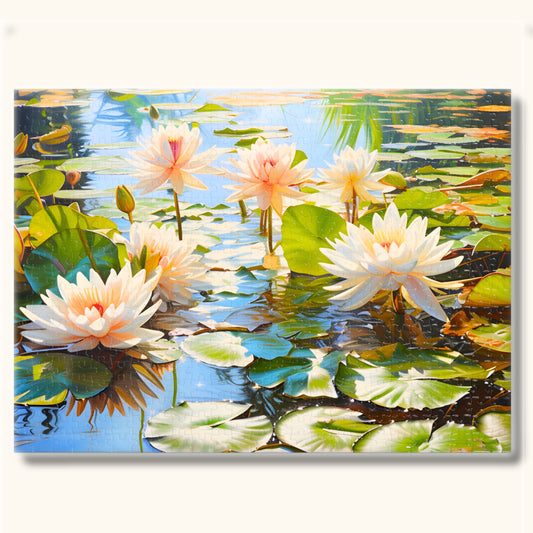 Close-up view of the 1000-piece White Water Lily in Pond puzzle, revealing its intricate details.