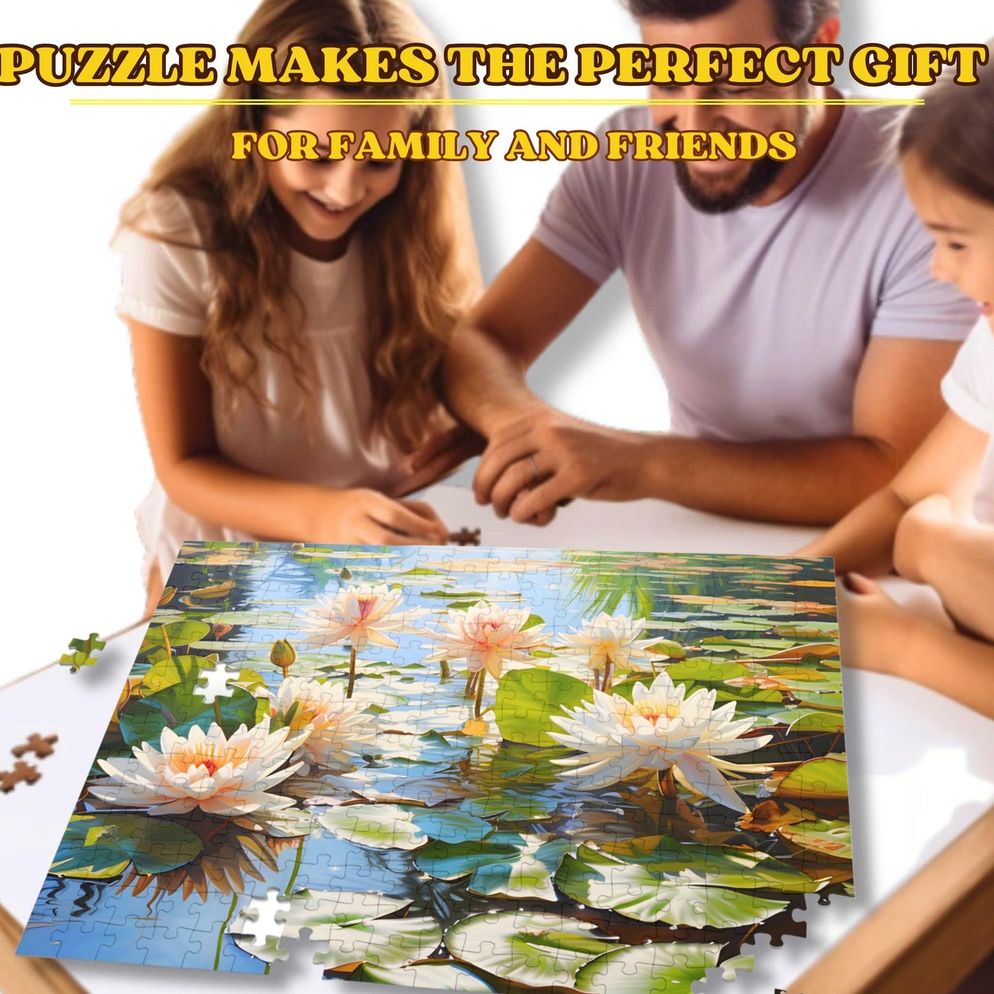 A family happily engaged with the 1000-piece White Water Lily in Pond puzzle, emphasizing its family-friendly nature.