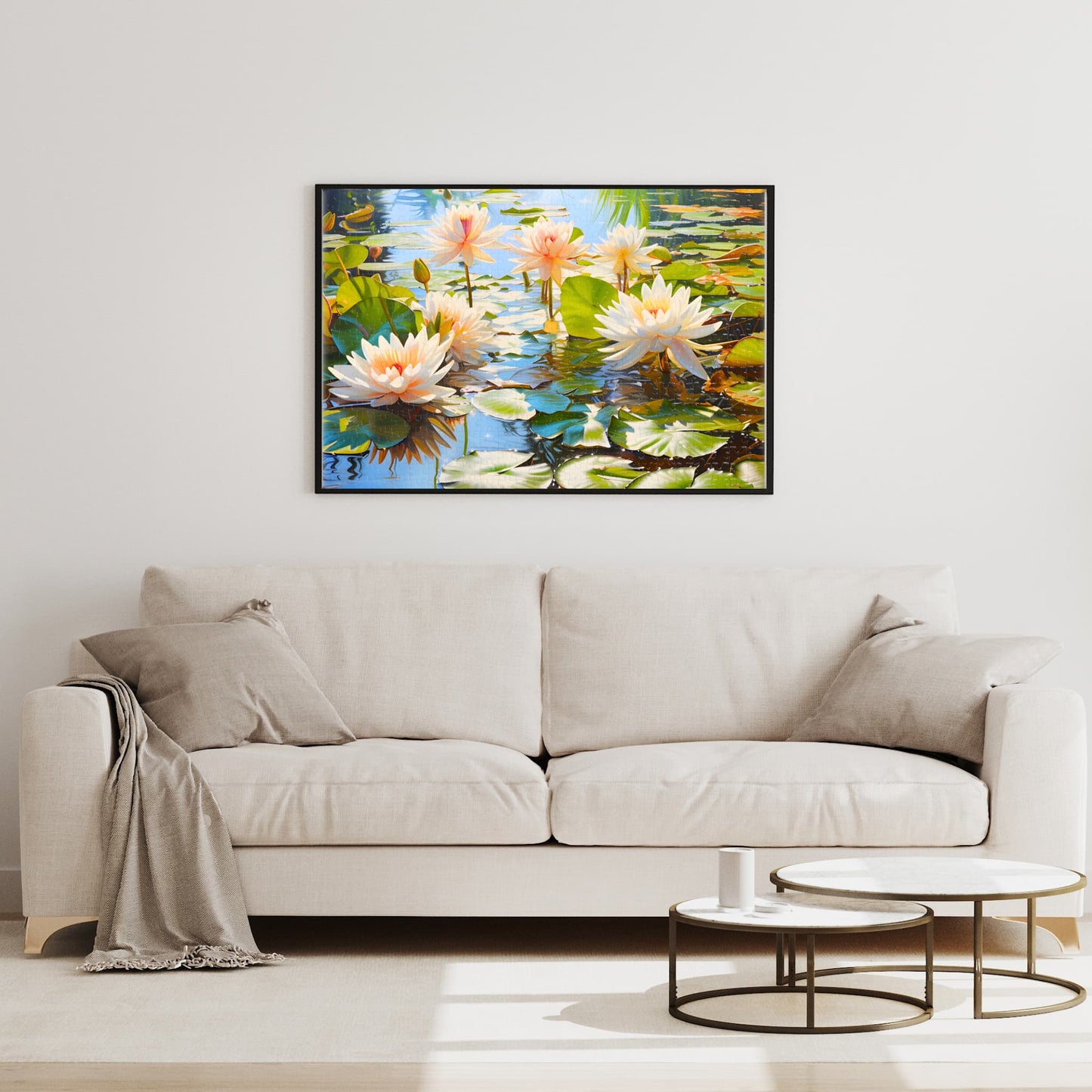 The completed 1000-piece White Water Lily in Pond puzzle framed elegantly on a living room wall, showcasing its decorative potential.