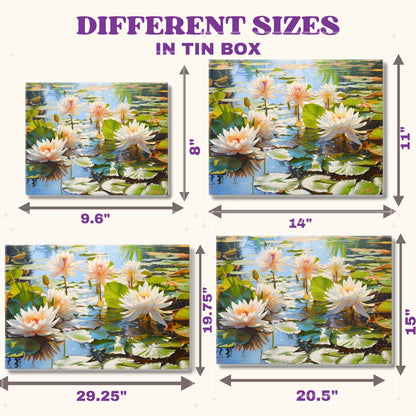 Different size variations for the 1000-piece White Water Lily in Pond puzzle, to suit the puzzle-solving needs of all age groups.