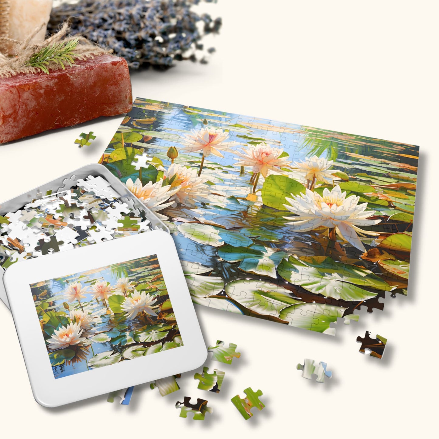 The 1000-piece White Water Lily in Pond puzzle next to its original box, making it a perfect gift option.