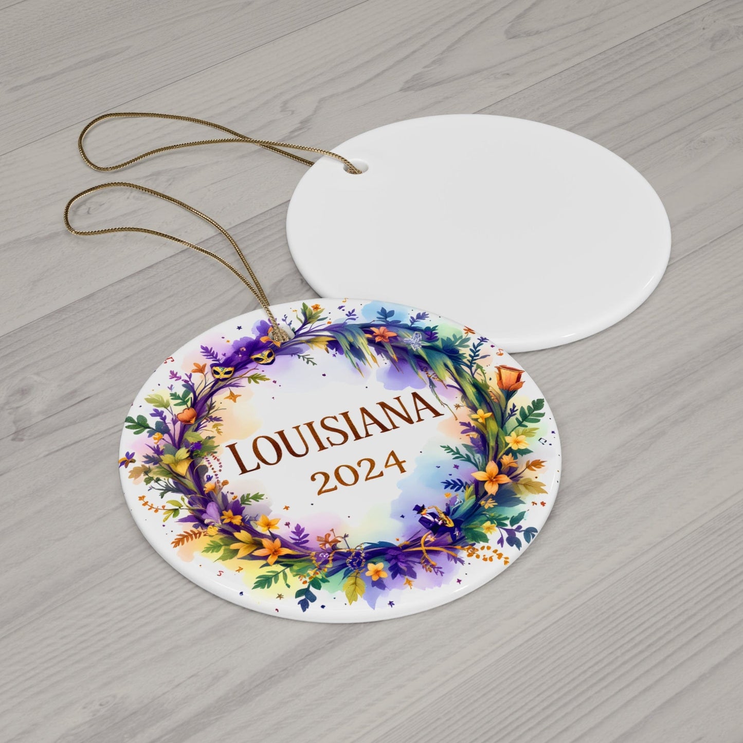 2024 Louisiana State Ornament - Purple Gold Ceramic Circle Bauble (3mm) | Unique Artist-Designed Gift for Christmas, Home Decor, Collectors & Travel Enthusiasts