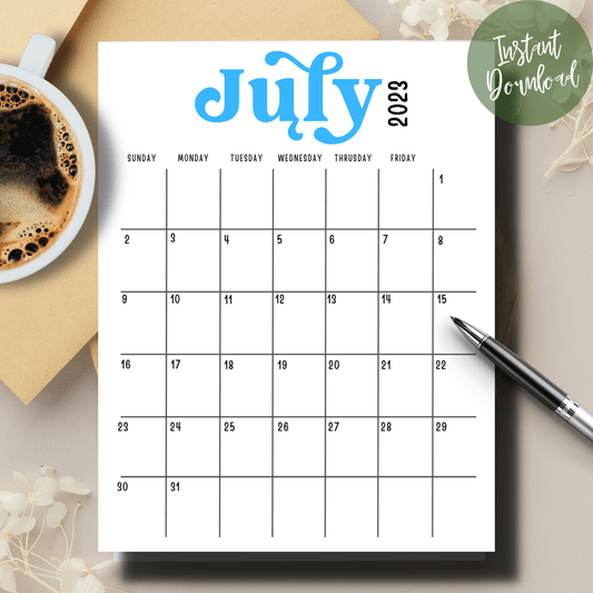 july 2023 printable minimalist calendar with coffee cup