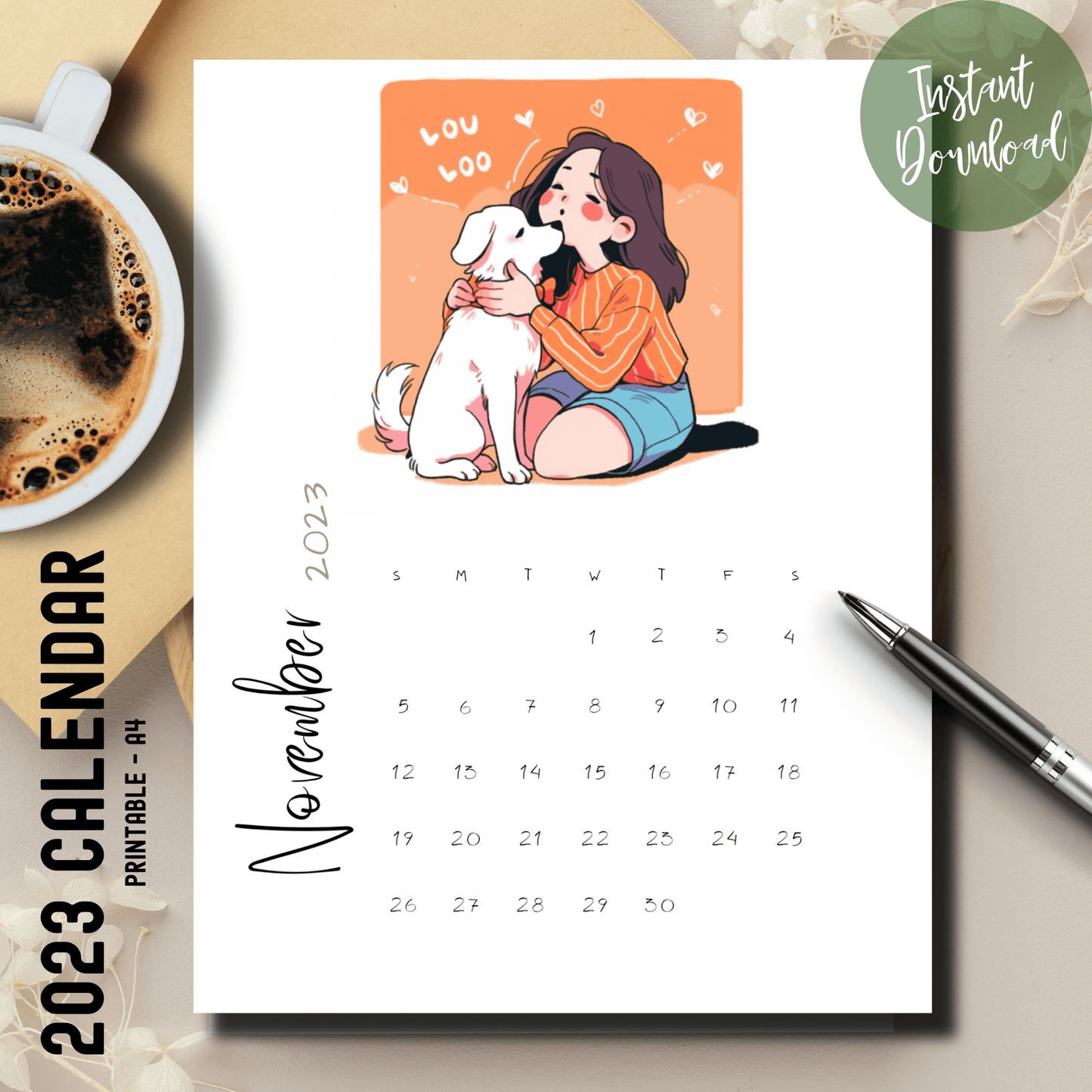 Heartfelt illustration of a girl kissing her dog featured in Sarsari Creations' November 2023 vertical A4 calendar.