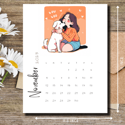 November 2023 calendar illustration by Sarsari Creations, showcasing a touching moment between a girl and her dog, perfect for bullet journaling.