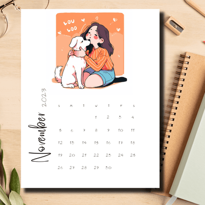 Warm and loving scene of a girl sharing a kiss with her furry friend in Sarsari Creations' A4 Printable Calendar for November 2023.