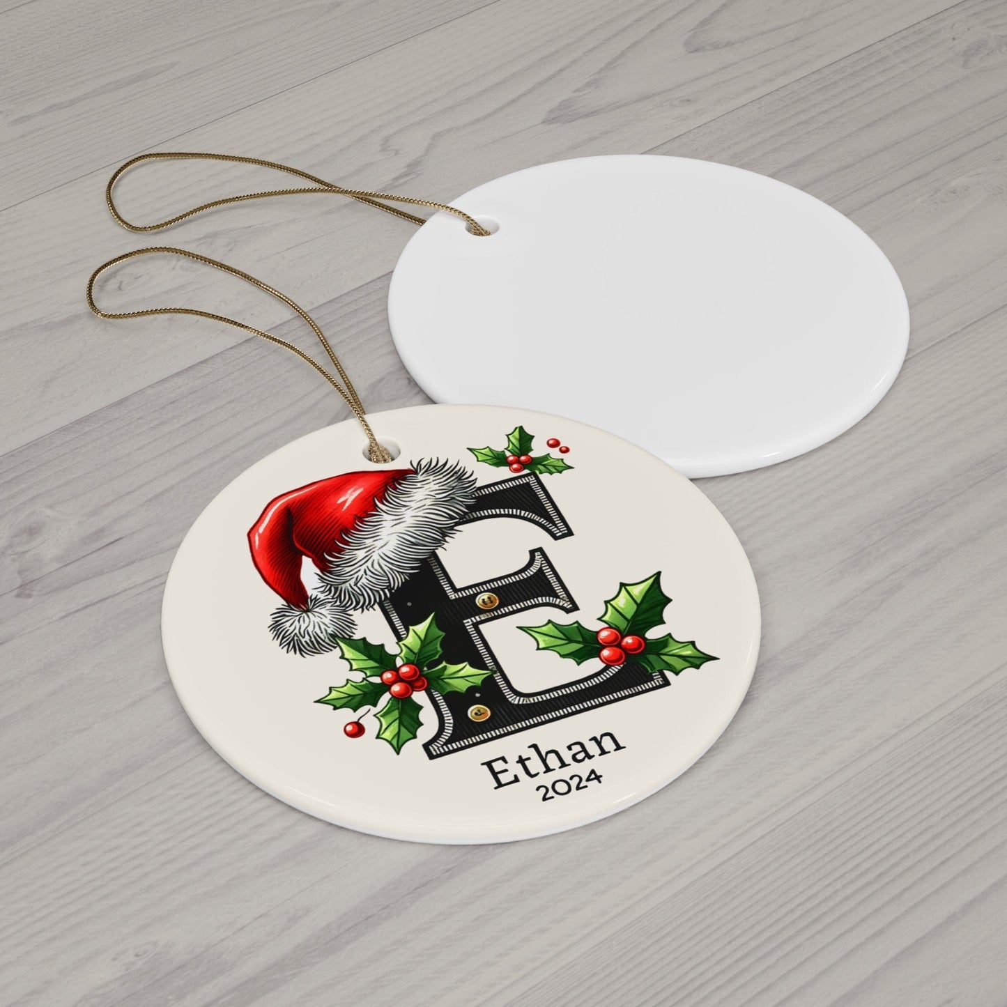 Black Ivory "D" Santa Hat Name Letter Monogram Custom Ceramic Tree Bauble 2024 (3mm) - Circle Shape | Christmas Gift for Family Type Font