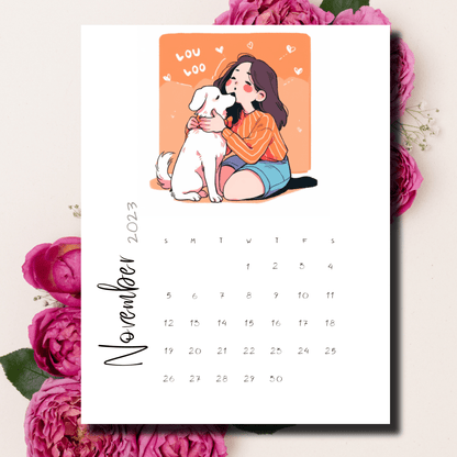 Embrace love this November with Sarsari Creations' calendar, featuring a detailed illustration of a girl kissing her dog