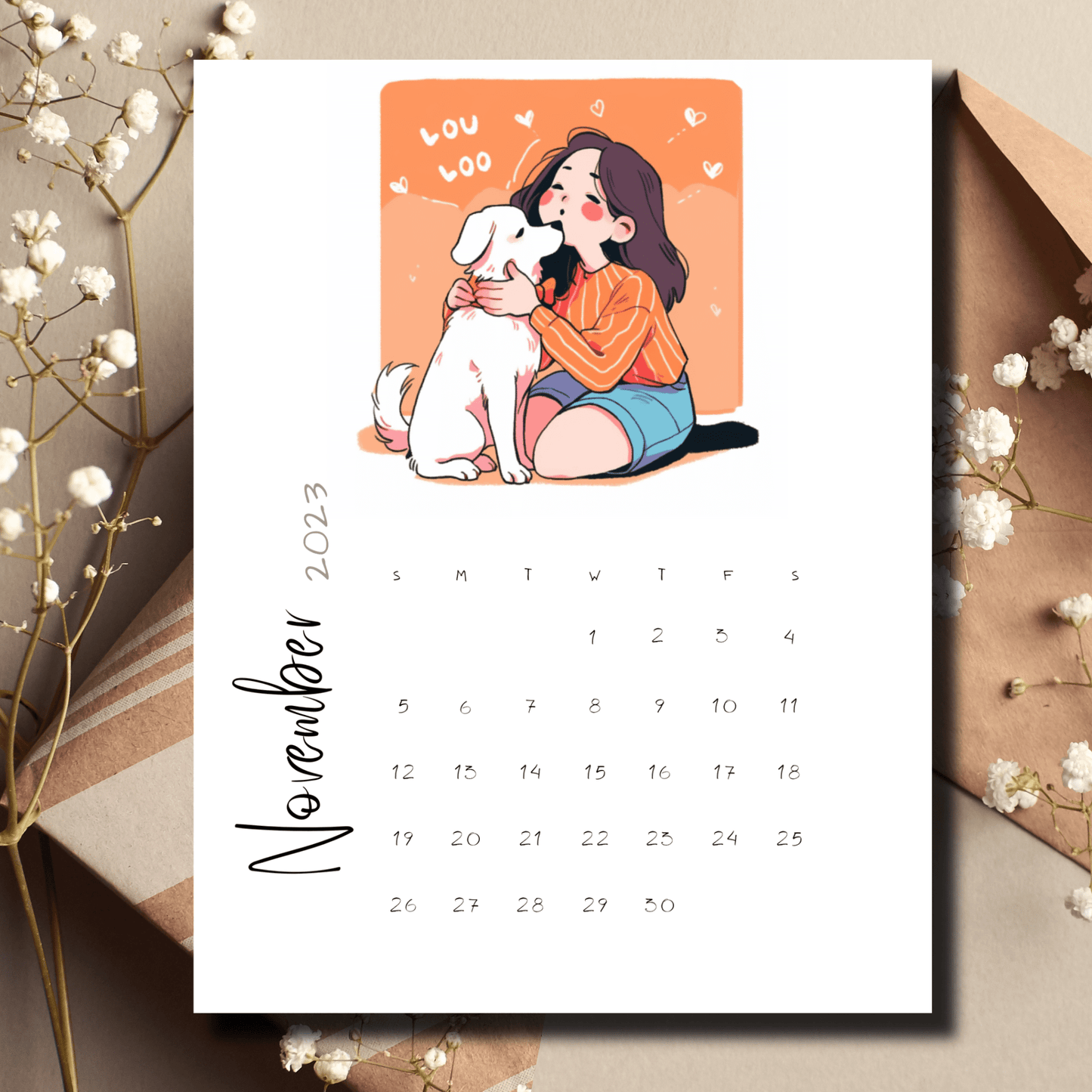 Girl kissing her pet dog in the featured illustration for Sarsari Creations' November 2023 A4-sized calendar, ideal for digital download and bullet journal planning.