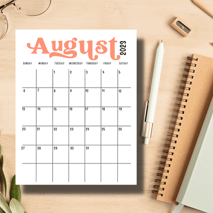 Plan Ahead with Free A4 Blank Cute Minimalist 2023 August Monthly Calendar for Teachers 8.5x11- Sarsari Creations - Month at A glance | Available in A4 | Digital Printable Instant PDF Download