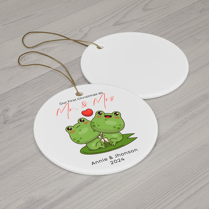 Green Black Cute Frog Newlywed as Mr Mrs w/Name and Date Flat Circle Ceramic Ornament for Christmas 2024 (3mm) | Husband & Wife Wedding Gift First Christmas Tree