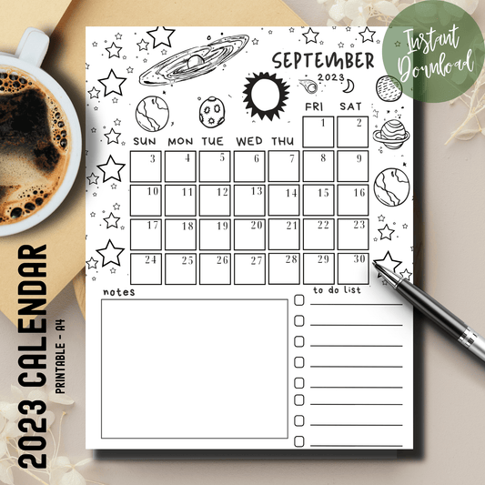 Star and planet-themed illustration for Sarsari Creations' September 2023 printable planner with a free task list.