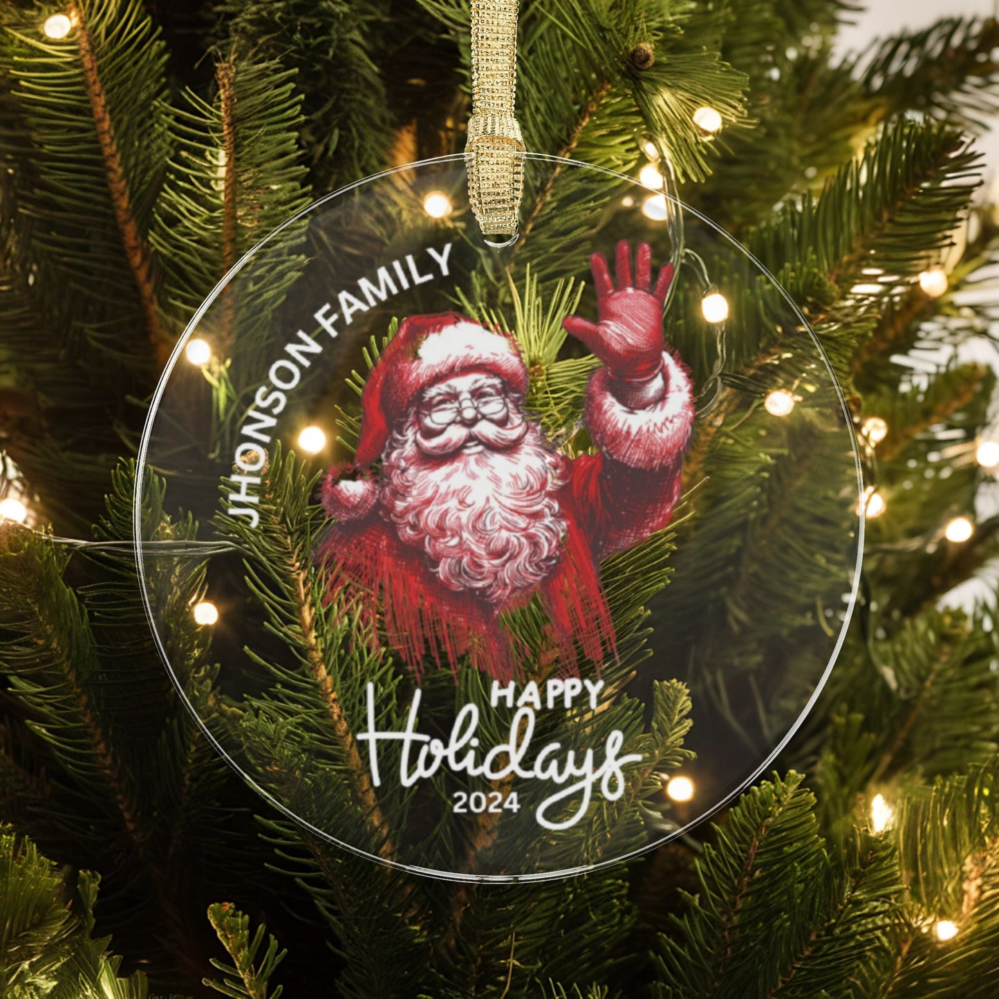 Red White 2024 Custom Family Name Acrylic Ornament for Christmas Waving Santa Happy Holidays (3.5inch) - Circle Shape | Unique Holiday Gift Decor