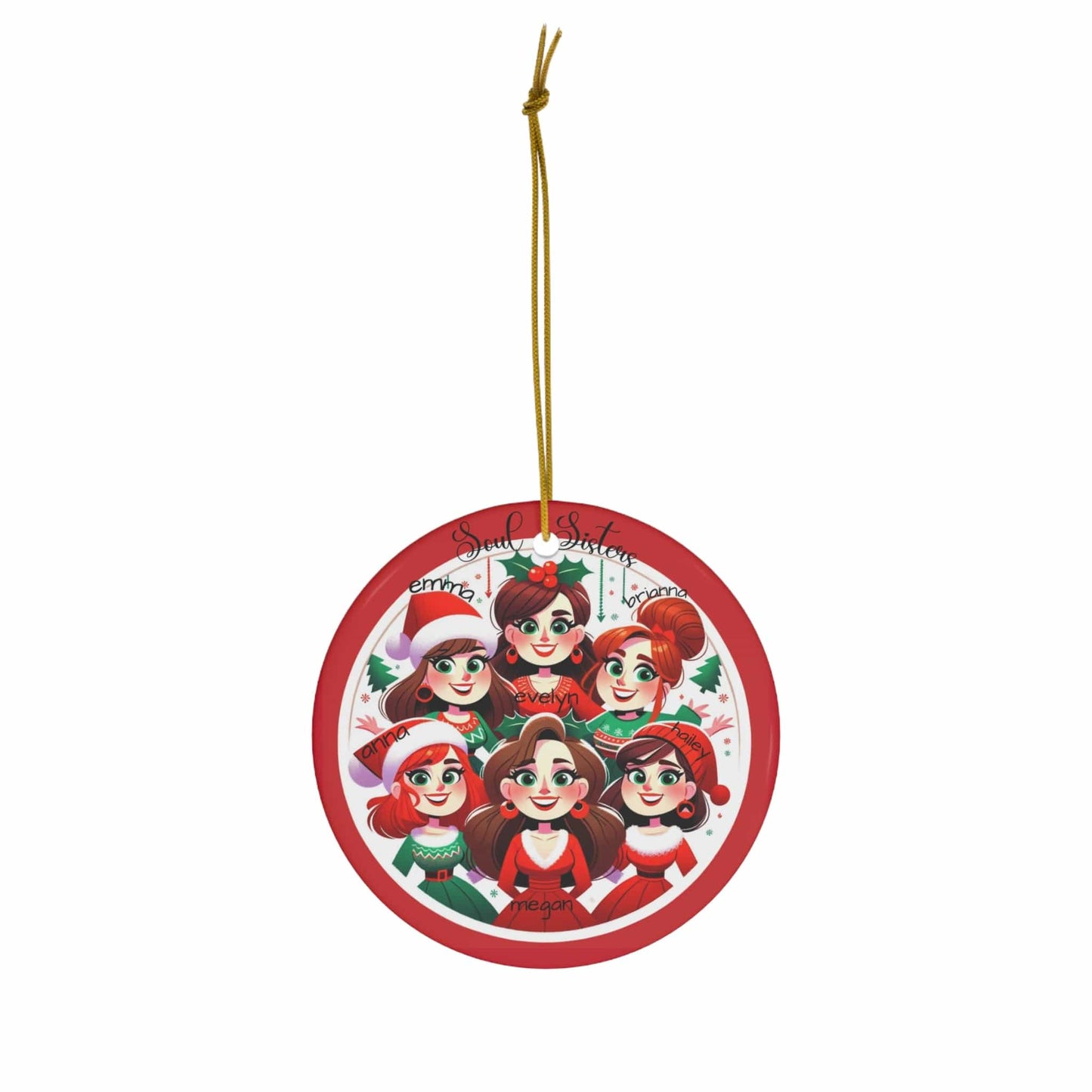 6 Person Christmas Ornament Personalized Soul Sisters 2023 3mm Round Ceramic (Four Shapes) | Group of Six with Names