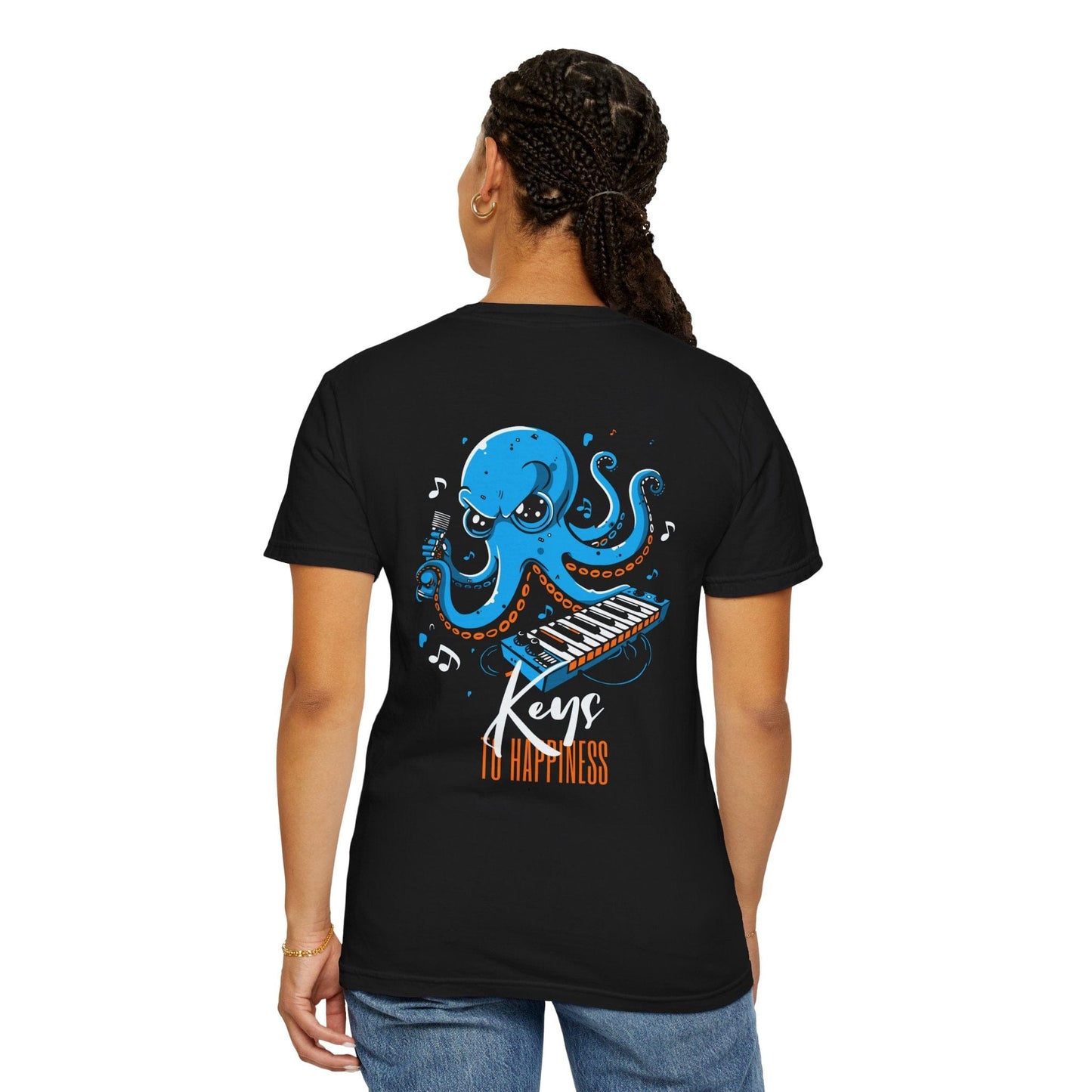 Keys to Happiness Oversized Funny Octopus Graphic Tee Back Print Unisex - Black/Graphite, Gift for Paino Lover