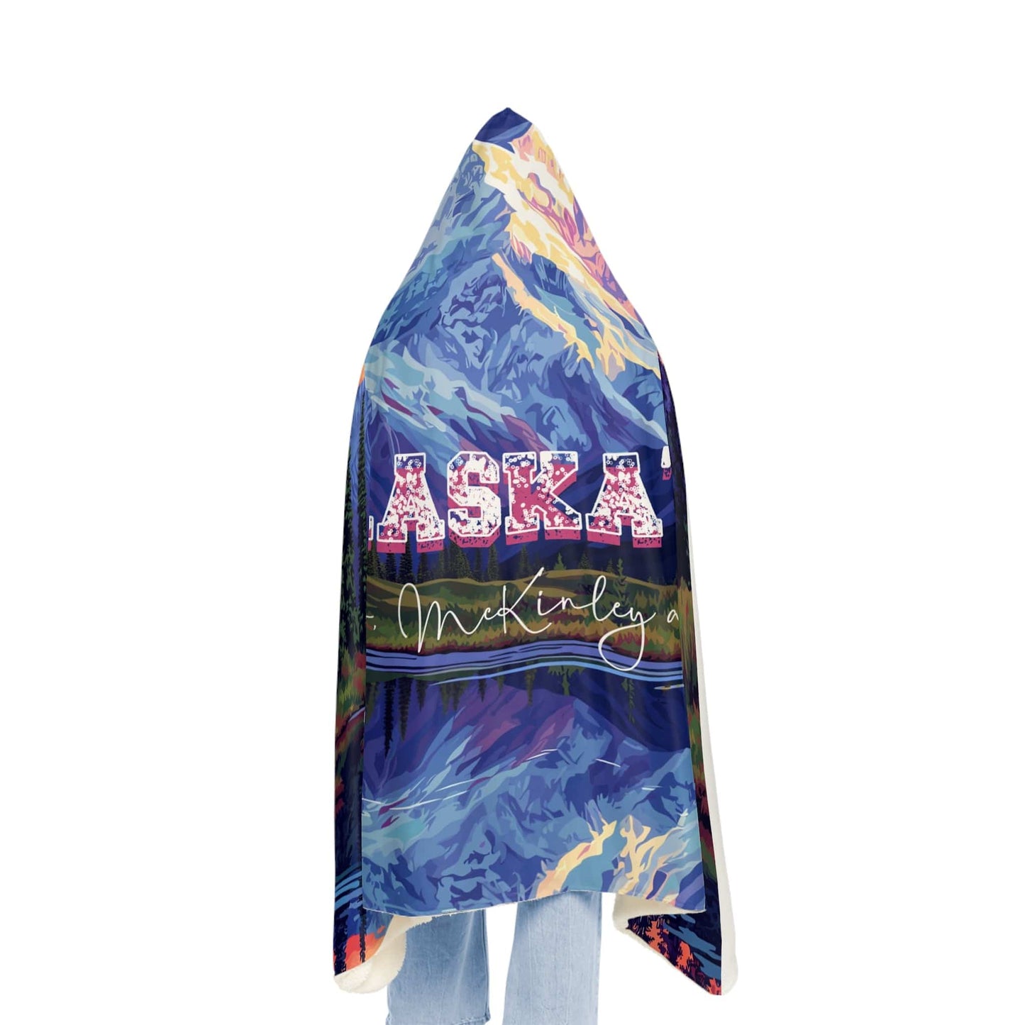 Alaska's Grandeur Fleece Sherpa Hoodie (203 x 140 cm) with Custom Name - Large Wearable Blanket for Her - Stained Glass Effect