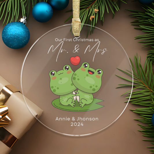 White Green Frog Illustrated Customized First Xmas as Mr & Mrs Family Acrylic Ornament 2024 (3.5inch) - Circle Shape | Bride To Be/Wedding Gift for Couples