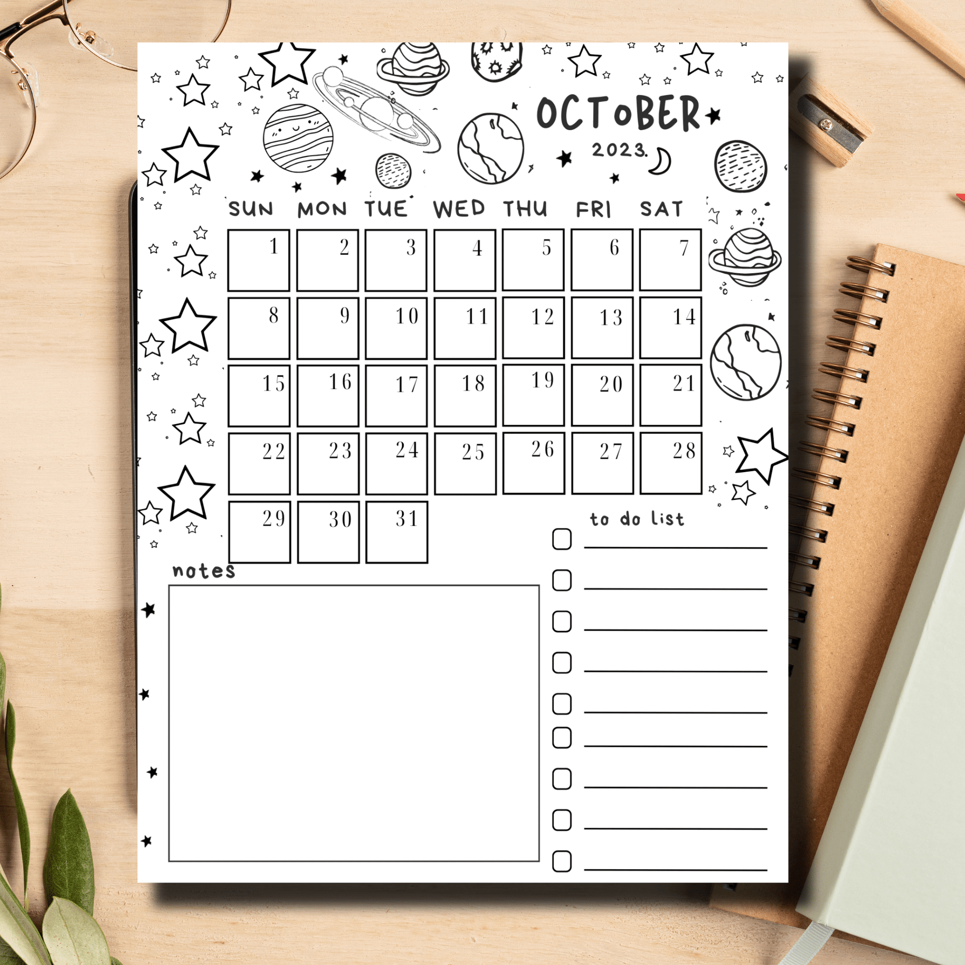 Vibrant Kidcore-Inspired Planner featuring Stars and Planets for October 2023.