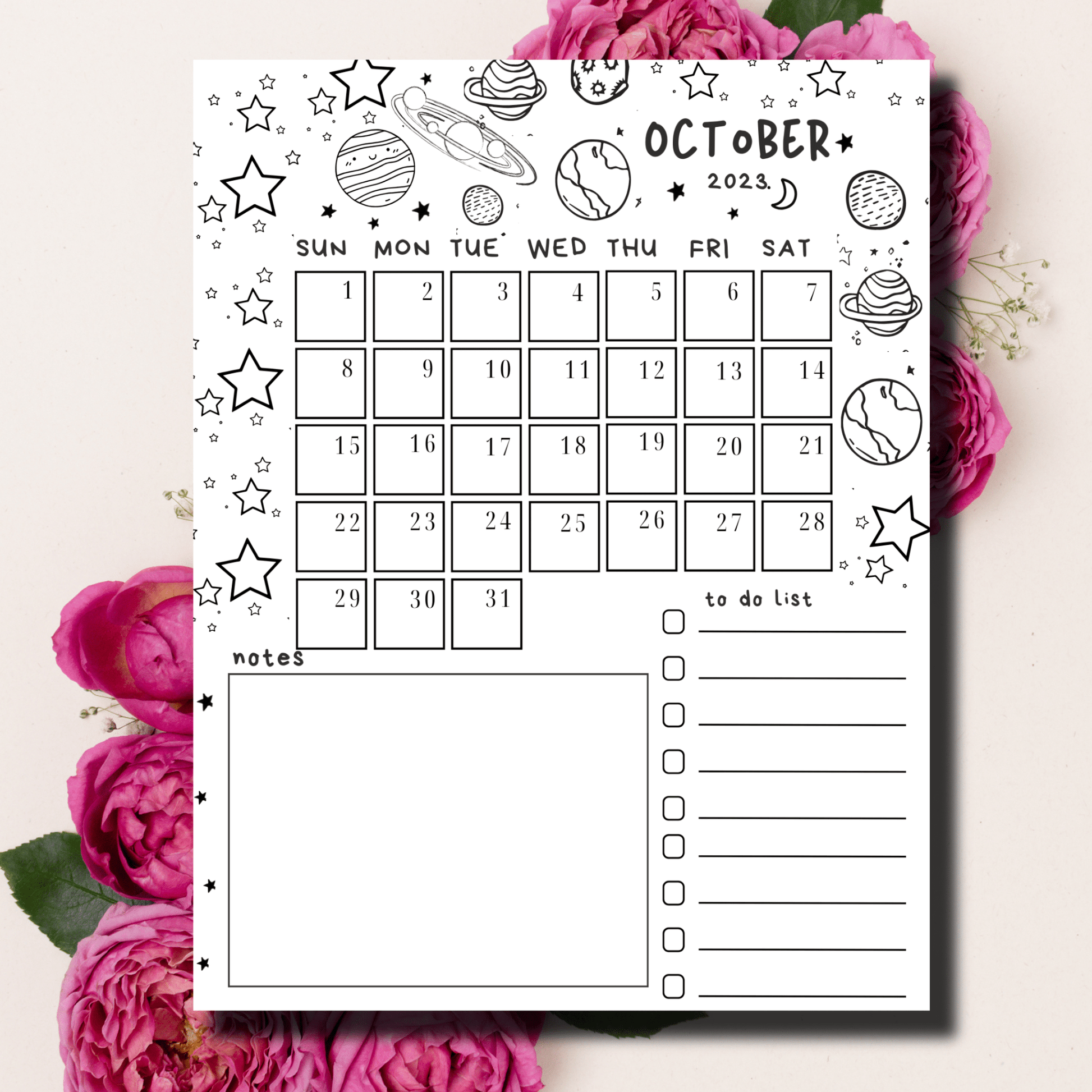 October Monthly Planner in 11 x 8.5-inch A4 PDF with Stars, Planets, and Kidcore Elements.