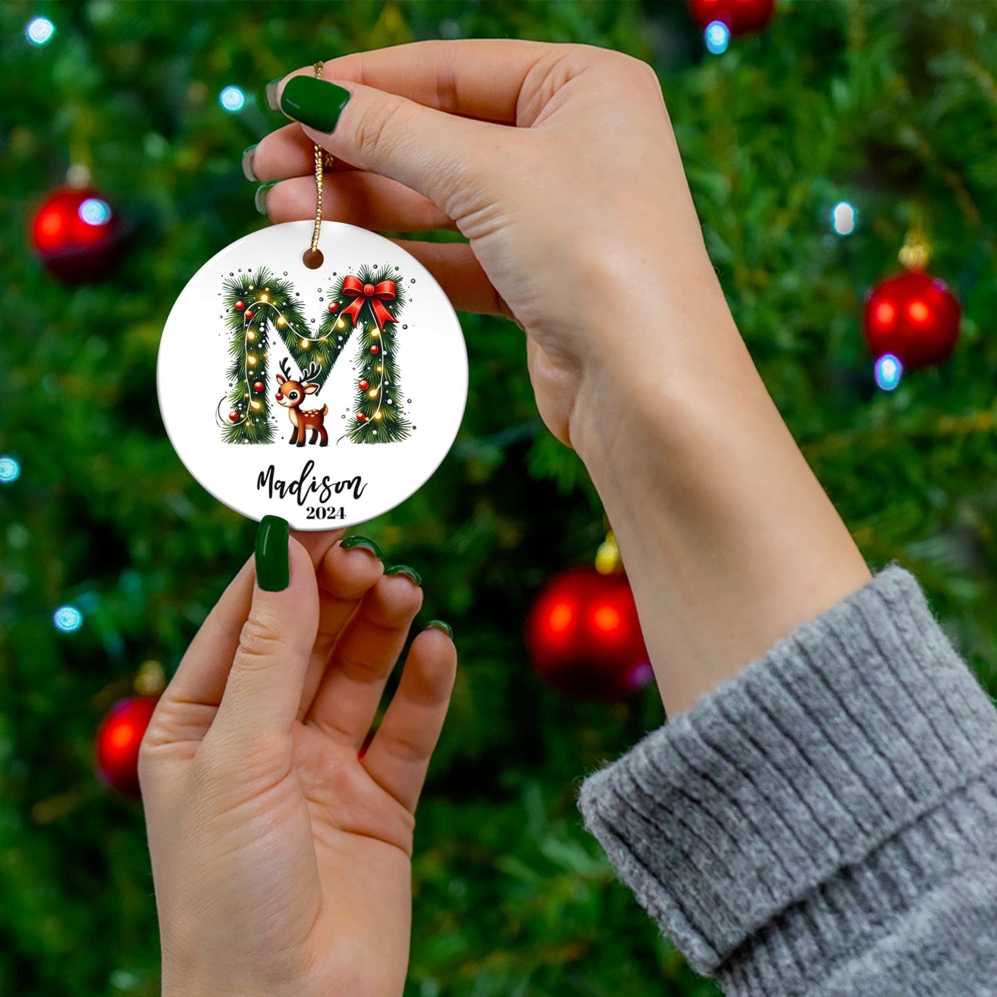 Green Black Reindeer Themed "M" Monogram Letter Initial with Custom Name Flat Circle Ceramic Ornament for Christmas 2024 (3mm) | Xmas Tree Hanging Holiday Souvenir for Couples