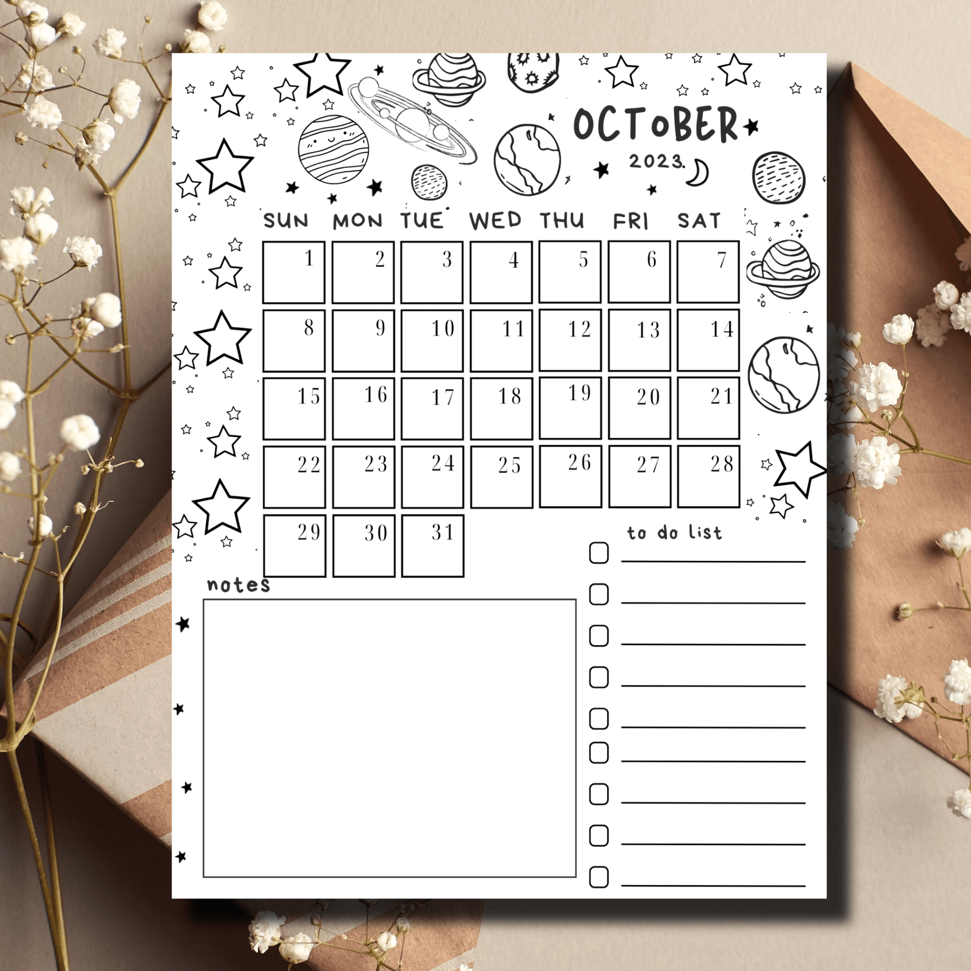 Printable October 2023 Journal Planner with Cosmic Design and Kidcore Colors, including Free Task List.