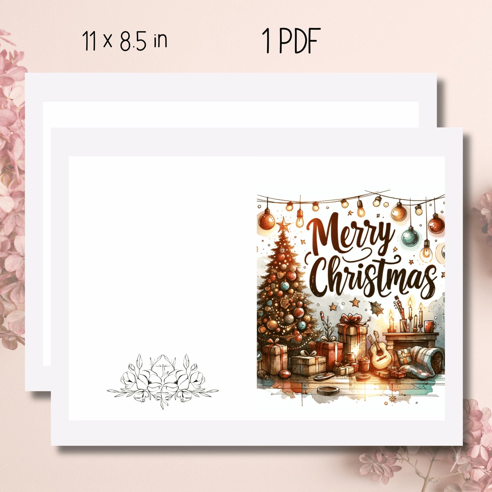 11x8.5 inch print-ready sheet for Merry Christmas Greeting Card 2023, showcasing a detailed and vibrant design of a cozy living room scene, perfect for personalized festive greetings.