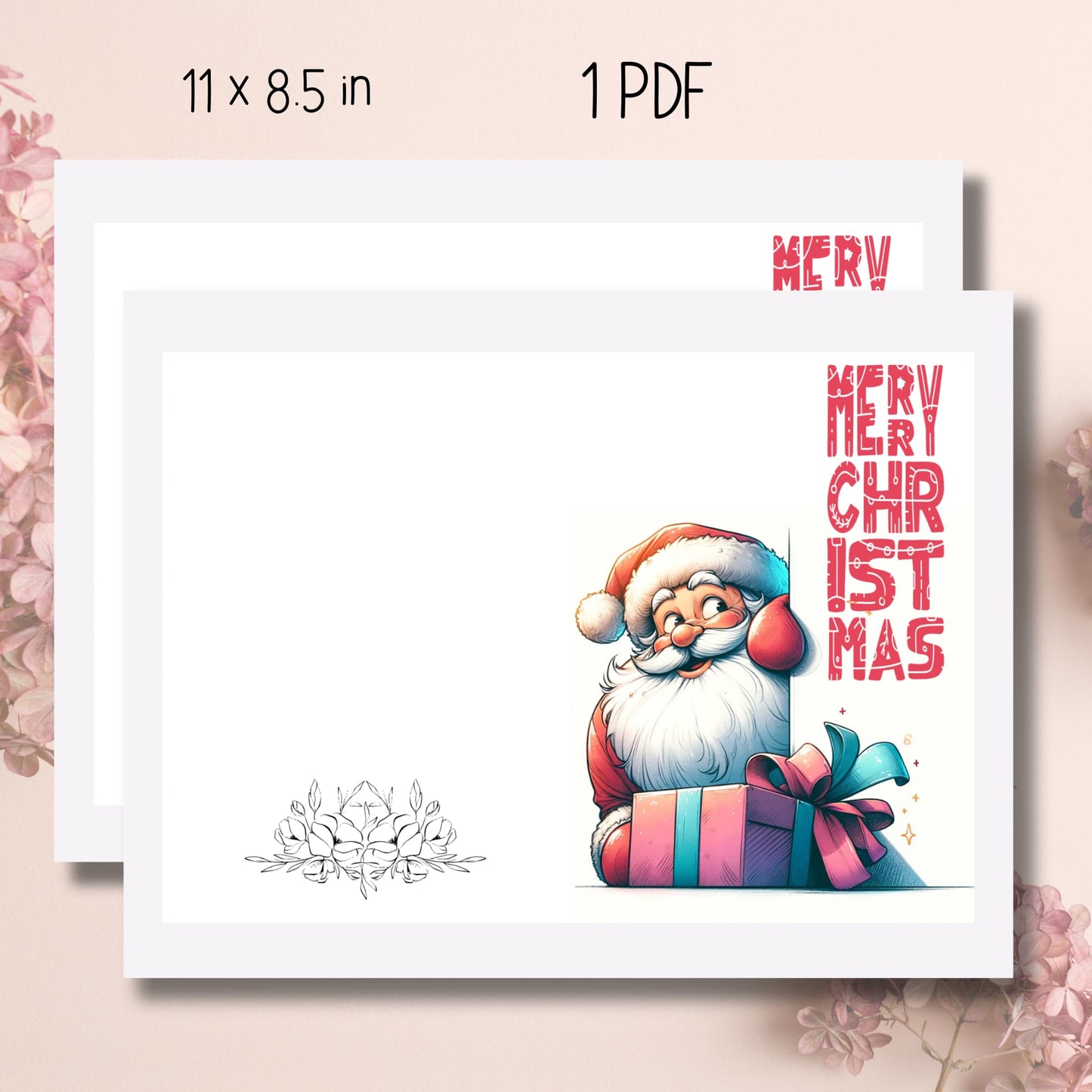 An 11x8.5 inch print-ready sheet for the Free Hilarious Santa Christmas Card Template 2023, featuring a comical and festive Santa design, ready for personalization and holiday fun.