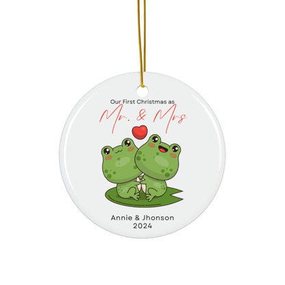 Green Black Cute Frog Newlywed as Mr Mrs w/Name and Date Flat Circle Ceramic Ornament for Christmas 2024 (3mm) | Husband & Wife Wedding Gift First Christmas Tree