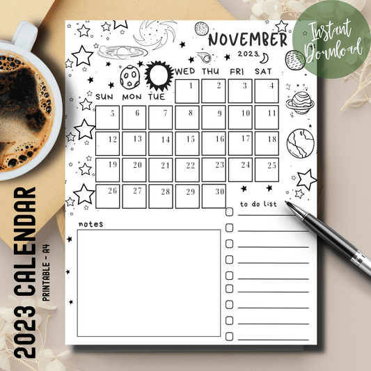 Kidcore-inspired November 2023 printable planner with stars and planets, featuring a free task list.